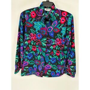 Yves St Clair Womens 10 Vtg Black Floral Print Long Sleeve Blouse Top